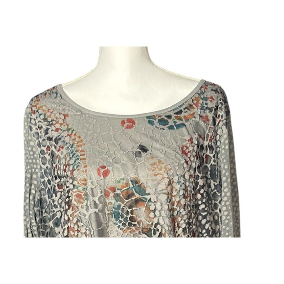 Ali Miles Top Size 1X Layered Mesh Animal Print Aztec Gray Boho Artsy Semi Sheer - Picture 3 of 8